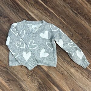 Pink Rose V-Neck Sweater with White Heart Design